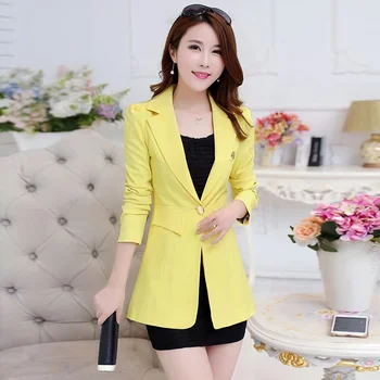 2023 Yeni Bahar Sonbahar Kadın Blazer Ceket Katı Tek Düğme Orta Uzun Takım Elbise İnce Büyük Boy Bayanlar İş Ofis Blazer Ceket