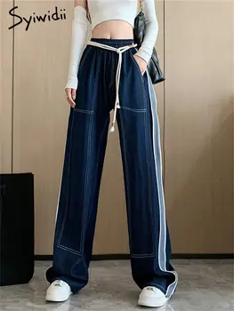 Syiwidii Kargo Kot Kadın Yüksek Belli Eklenmiş Vintage Geniş Bacak Düz kot Bahar 2023 Yeni Streetwear Casual Baggy Kot Pantolon