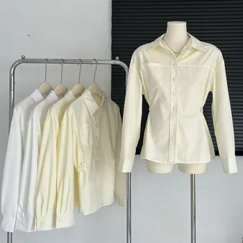 Lauri Laki Yeni Düğme Bluz Kadınlar için 2023 Bahar Vintage Ofis Bayan Katı Uzun Kollu Gömlek Tops Kore Tarzı