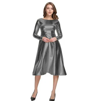 Parlak Kadınlar Metalik Suni Deri PU Slash Boyun Midi Elbise Kılıf Uzun Kollu Salıncak evaze elbise Gece Kadın Elbiseler Kıyafet 7XL