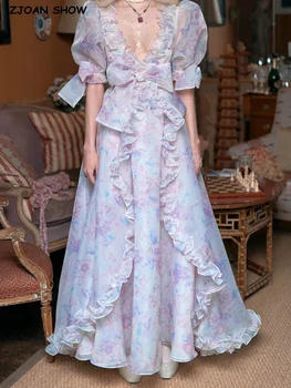 2022 Prenses Pembe Çiçek Organze Balo Elbise Eklenmiş Ahşap kulaklar Fırfır Ön Puf Kollu Kadın Salıncak Midi Peri Kek Elbise