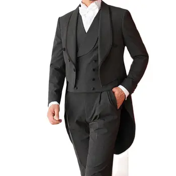 2022 Moda Tasarım Koyu Gri Şal Yaka Tek Düğme 3 Parça Erkek Takım Elbise Düğün Yemeği Parti İçin Resmi Slim Fit Smokin
