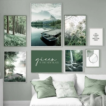 Bahar Yeşil Doğa Manzara Boyama Tuval Boyama Duvar Sanatı Göl Dağ Manzara Posteri Modern Oturma Odası Ev Dekor