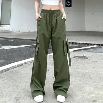 Ordu Yeşil Kargo Pantolon Kadın Rahat İpli Yüksek Bel Geniş Bacak Gevşek Pantolon Y2k Moda BF Büyük Cep Şerit Düz Pantolon