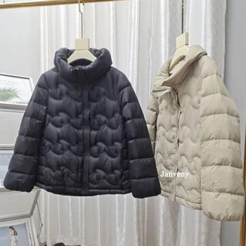 Janveny 2023 Yeni Kış Dalga Desen Hafif Ayakta Boyun balon ceket Kadınlar Casual Sıcak Düz Renk Beyaz Ördek uzun kaban