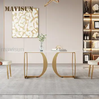 Avrupa Tarzı Beyaz Mermer Taş Üst Tasarım yemek masası Modern Minimalist Dikdörtgen High-end Parlak Masa Altın Mobilya