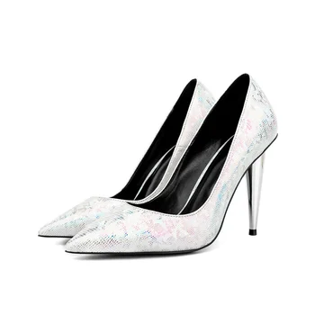 2023 Kadın Yüksek Topuklu Sığ Kertenkele Desen Sivri Burun Slip-on Moda Mujer Ayakkabı Açık Garip Ayakkabı Kadın Pompaları Trend
