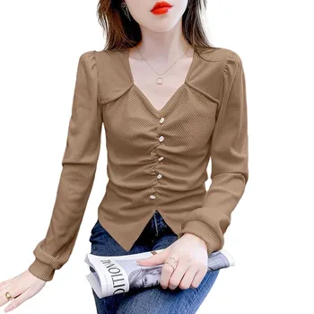 3XL 2023 Düz Renk Bahar Sonbahar V Yaka Kırışıklık Bluzlar Uzun Kollu Dip Gömlek Bayan Moda Seksi giyim Üstleri WY0848