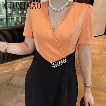 MIUXIMAO 2023 Yüksek Kaliteli Ofis Bayan Zarif Elbise Kısa Kollu V Yaka Packwork Moda Diz boyu Elbise Kadın Yelek