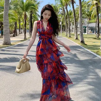 2023 Yeni Yaz kadın Midi Plaj çiçekli elbiseler Moda Baskı Seksi Backless V Yaka Zarif Mizaç Bayanlar Kore Elbise