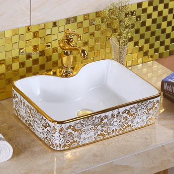 Kare Renk Altın banyo lavaboları Avrupa Altın Desen Sahne Havzası Lüks Ev Yıkama Lavaboları Banyo Lavaboları Lavabo