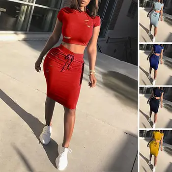Sıcak 2018 Yeni Moda Iki Parçalı Set Yaz Elbiseler Kadın Seksi Patchwork Kokteyl Parti Bodycon Bandaj Elbise Toptan