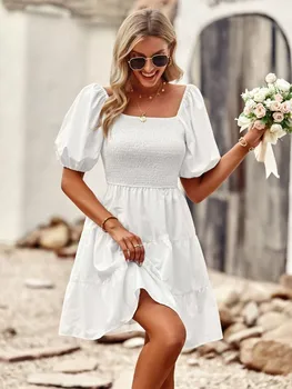 Yaz Kadın Parti Elbise 2023 Yeni Puf Kollu Kare Yaka Beyaz Elbise Zarif Vintage Ruffles Katı Mini Kadın Elbise Vestidos