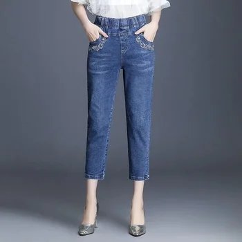 Kadın Kot pantolon Kapriler Yüksek Bel Düz Kot Kadın Mavi Kırpılmış Pantolon Kadınlar İçin Vintage Nakış Pantolon Y2k