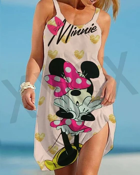 Disney Mickey / Minnie Seksi Kadın Elbise Yaz Moda Plaj Elbise Parti Parti Gevşek Romantik Backless Kaşkorse rahat elbise
