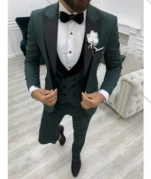 (Ceket + Yelek + Pantolon Yeşil Butik Moda Erkek Siyah Yaka Rahat takım elbise Sosyal resmi kıyafet 3 Adet Set Damat Düğün