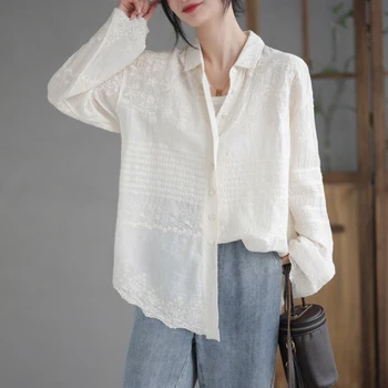 Dantel Nakış Beyaz Kadın Gömlek Yaz Vintage 2023 Turn-Aşağı Yaka Gevşek Zarif Kadın Dış Giyim Palto Tops
