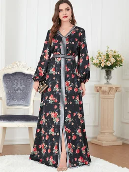 Zarif Müslüman Elbise Kadınlar Abaya Baskı Çiçek Bölünmüş Fas Parti Elbise Kaftan Türkiye Arap Uzun Elbise Vestidos Dubai Maxi Elbiseler