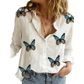 Kadınlar Casual uzun kollu kelebekler baskı tek göğüslü ofis gömlek bluz