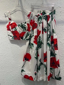 Kırmızı RoosaRosee Saf Pamuk Slash boyunluk Kolsuz Baskı Askısı Uzun Beyaz Etek Twinset Boho Takım Elbise 2023 İlkbahar Yaz Setleri