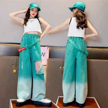 çocuk Kız degrade yeşil düz kot Yaz yeni 2023 yüksek bel delikli kargo pantolon pantolon gençler Kızlar Kot