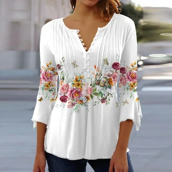 3D Çiçek Baskı Kadın Gömlek Bluz Moda Kısa Kollu V Yaka Düğmesi Kazak Üst Ofis Bayan Rahat Gevşek Gömlek Femme Blusa