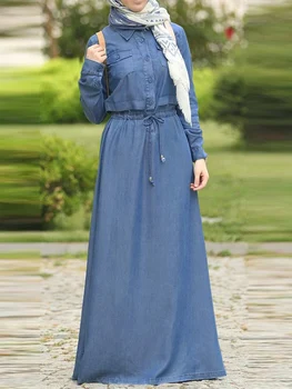 Müslüman Moda Gömlek Elbise Türkiye Çarşafımın ZANZEA Vintage Elbise İpli Bel Sundress Uzun Kollu Katı Vestido İslami Giyim