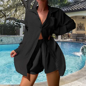 3 Parça Mayo Cover Up Düz Renk Rahat Eşleşen Setleri Uzun Kollu Güneş Koruyucu Giyim Kızlar Seksi Plaj Kıyafetleri kadınlar için