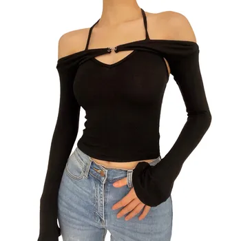 Y2k Oymak Seksi Uzun Kollu Kırpma Üst Kadın Streetwear Tees Casual 2023 İlkbahar Yaz Sıska Temel T Shirt Blusas Y Camisas