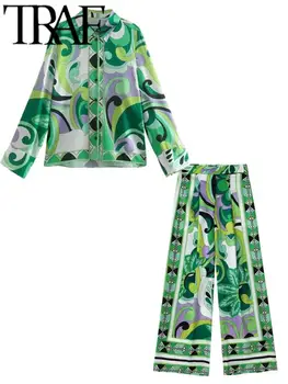 TRAF Takım Elbise 2022 Yaz Seti Kadın 2 Parça Plaj Pantolon Baskılı Uzun Kollu Yeşil Bluz + Düz Pantolon Uzun Saten Rahat