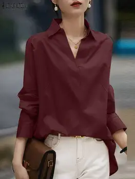 2023 ZANZEA Zarif Bahar Yaka Boyun Uzun Kollu Gömlek Kadın OL İş Bluz Gevşek Tunik Üstleri Chemise Kadın Casual Katı Blusas
