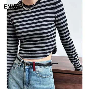 2023 Bahar Kadın Retro Renk Kontrast Şerit Uzun Kollu T-Shirt Kırpılmış Üstleri Kadın Casual Slim Tee Kazak Tshirt