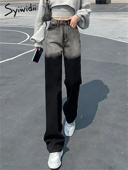 Syiwidii Degrade Şalvar Kot Kadınlar için Y2k Moda 2022 Kore Tarzı Vintage Streetwear Yüksek Belli Geniş Bacak Kot gri pantolon