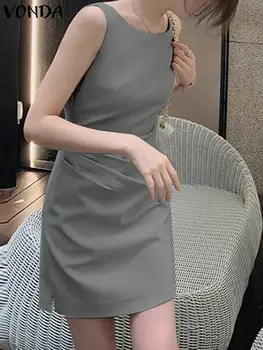 VONDA Zarif Kolsuz Mini Elbise 2023 Yaz Kadın Parti Sundress Casual Pileli Katı Renk Parti Vestidos Kısa Robe Femme