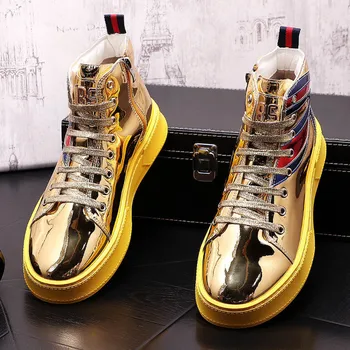 2022 Yeni Lüks Erkek Parlayan Altın Yansıtıcı Ayna Deri Casual Flats platform ayakkabılar Erkek Sneakers Balo Zapatillas Hombre
