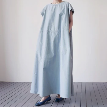 Johnature 2023 Yaz Yeni Kore Düz Renk Gevşek Kadın Elbise Casual O-boyun Ruffles Yaka Cepler kadın elbisesi