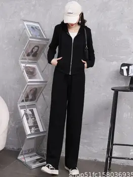Bahar Pamuk Moda günlük giysi kadın Gevşek Spor İnce Düz Yüksek Bel Geniş Bacak Pantolon fermuar kapüşonlu ceket
