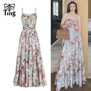Tingfly Kadın Moda Çiçek Baskı Kayışı Gevşek Fit Bohemian Şık Plaj yaz elbisesi Sundress Maxi Uzun Elbise Elbiseler Giysiler