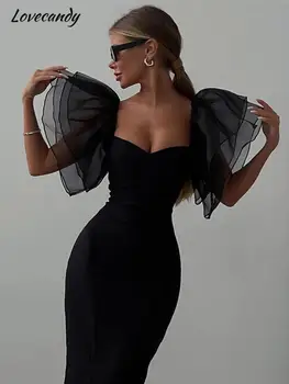 Yaz Seksi Siyah İnce Elbise Kadın Örgü Fırfır Kollu Splice Kare Boyun Sarılmış Kalça Elbiseler 2023 Bayan Akşam Parti Vestidos