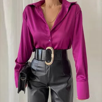 Yeni Vintage Saten Bluz Moda Ofis Bayan Uzun Kollu Gömlek Kadın Üstleri Sonbahar Turn Down Yaka Gevşek Giysiler Blusas 22717