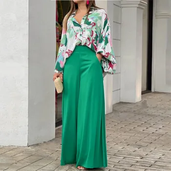 Gidip Kadın Ofis Setleri Yaka Düğmesi Fener Kollu Gömlek + Cepler Düz Pantolon Takım Elbise İlkbahar Yaz Moda Baskılı Seti