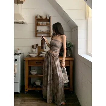 Yaz Kayısı Yelek Etek Bayan Kravat boyalı İki Parçalı Set Moda Y2K Kemer 2023 YENİ Kadın Mizaç Zarif Parti uzun elbise
