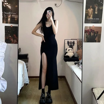 Siyah Kolsuz Elbise Kadın Kore Moda Stil Yan Yarık Düzensiz Orta Buzağı Seksi Kılıf Katı Zarif Şık Yaz