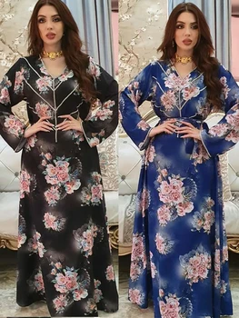 Eid Abayas Kadınlar Müslüman Elbise Çiçek Fas Parti Elbiseler V Boyun Baskı Kaftan Zarif Maxi Vestidos Dubai Türkiye Arapça Elbise