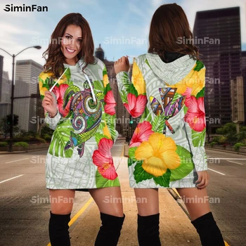 Amerikan Samoası Çiçek Hibiscu 3D Baskılı Kadın kapüşonlu elbise Kadın Cep Kapşonlu Kazak Elbiseler Tek Parça Casual Streetwear