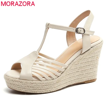 MORAZORA 2022 Yeni Hakiki deri ayakkabı Takozlar Sandalet T-kayışı Düz Renk Yaz rahat ayakkabılar Kadın Sandalet