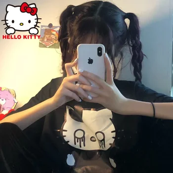 Kawaii Sanrio Hello Kitty T-Shirt Karikatür Cinnamoroll Anime Kuromi Sevimli Kısa Kollu Gömlek Gevşek İnce Pamuklu Y2k En Goth Tees