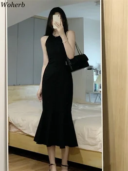 Kadınlar için Maxi Elbiseler Kolsuz Ruffled Mizaç Robe Femme 2023 Vestidos De Mujer Casual Casual Yaz Katı Kore Elbise