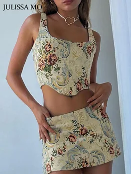 JULISSA MO Baskı Moda Spagetti Kayışı Üst ve Etek Kıyafetler Kadınlar için Yaz Kulübü Parti İnce Çiçek Setleri Giysileri 2023