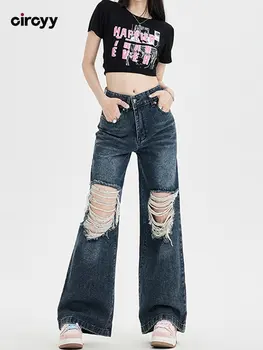 Kadınlar için yırtık Kot Baggy Yüksek Belli Kot Patchwork Gevşek Pantolon Bahar Yeni Streetwear Moda Y2K Vintage